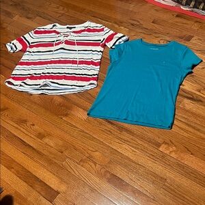 Tommy Hilfiger Red and White Striped Tee & Teal Short Sleeve Top
